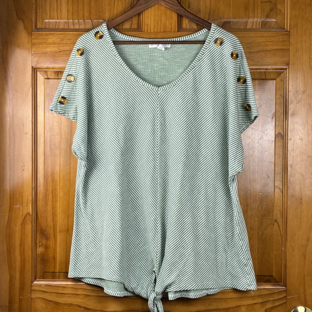 New York Laundry Womens 3X Sage Green Striped Tie Front Button Shoulder Top